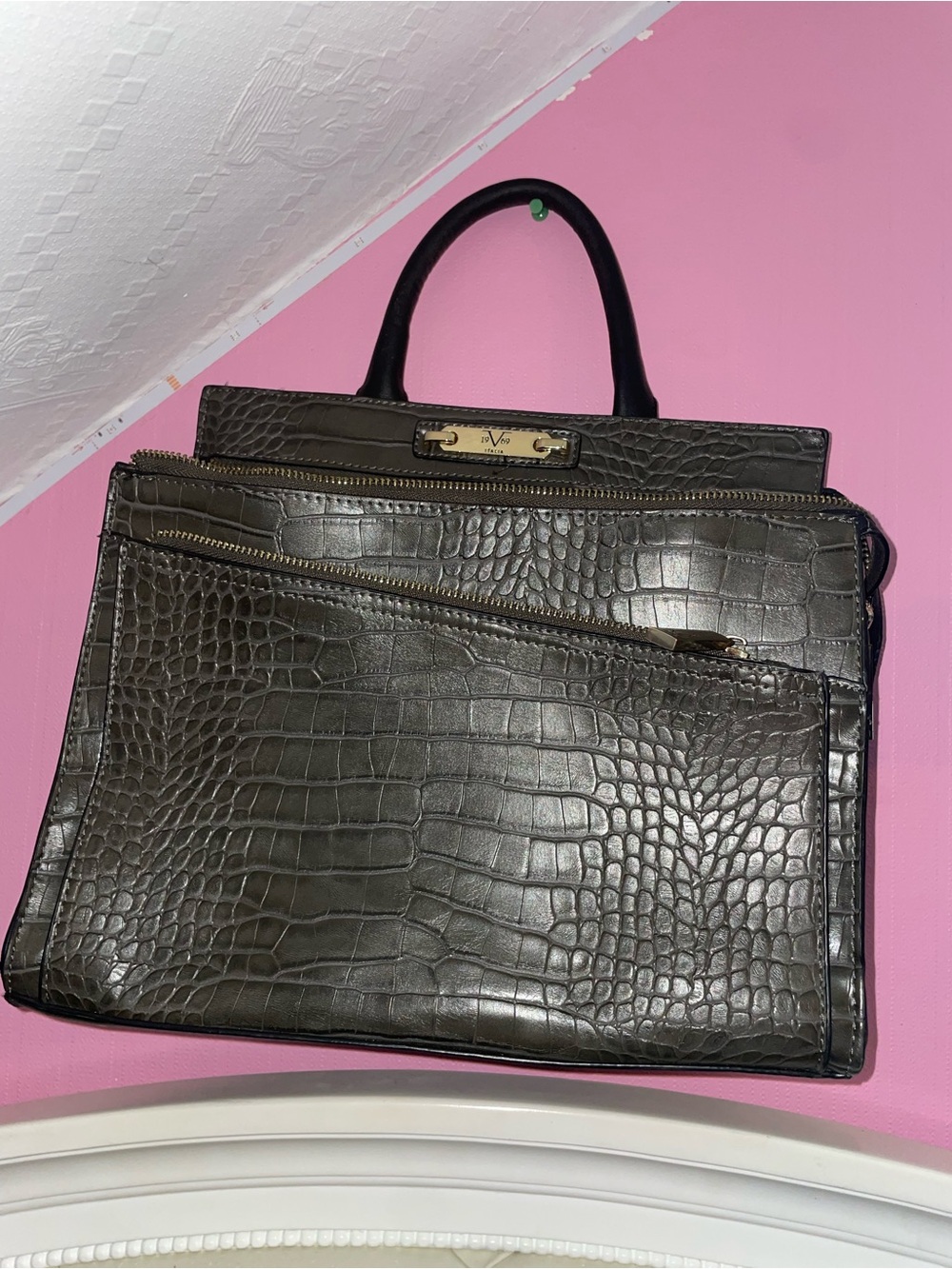 Versace Croc-Embossed Satchel in Dark Brown with Gold Hardware